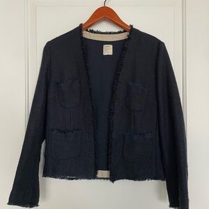 L'AGENCE Navy Tweed Fringe Blazer Textured Open Front Luxury Capsule size 4 Read